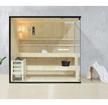 Sauna mit Holzbänken, Saunaofen, Lampe und Glasfront