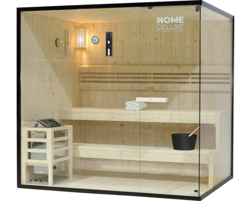 Holzsauna mit Glastür und Innenausstattung