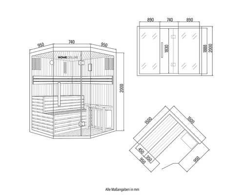 Technische Zeichnung einer Home Deluxe Sauna mit Maßangaben