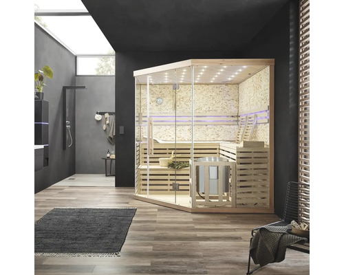 Moderne Badezimmerszene mit Sauna, Dusche und Waschtisch