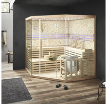 Moderne Sauna mit Glasfront, Holzbänken und Saunaofen im Innenraum