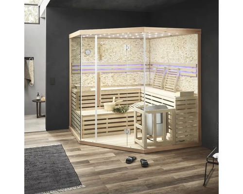 Moderne Sauna mit Glasfront, Holzbänken und Saunaofen im Innenraum