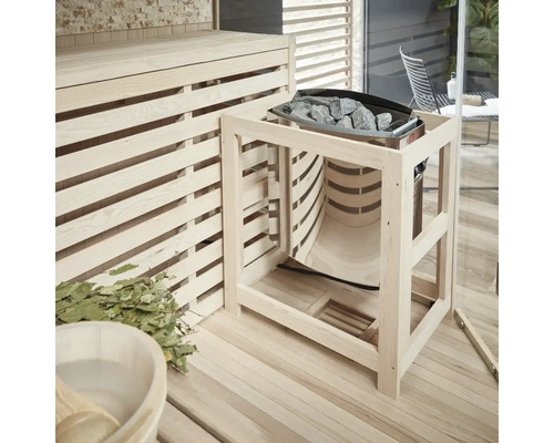 Sauna mit Saunaofen, Saunasteinen und Holzzubehör