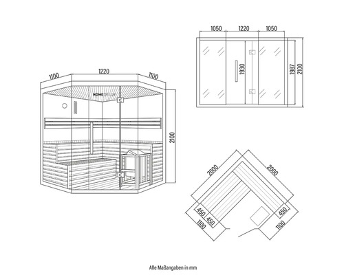 Technische Zeichnung einer Home Deluxe Sauna mit Maßangaben