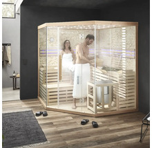 Geräumige Sauna mit Holzsitzen und Ganzglastür, geeignet für zwei Personen