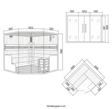 Technische Zeichnung einer Sauna mit Abmessungen