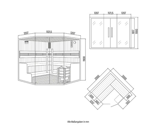 Technische Zeichnung einer Sauna mit Abmessungen