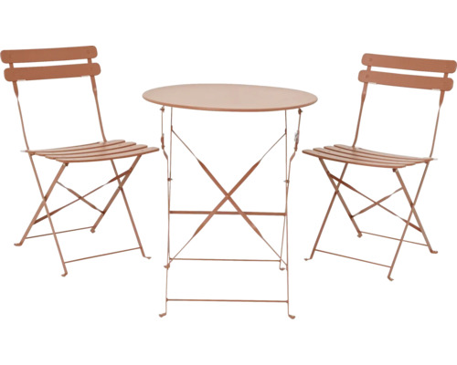 Ensemble table de jardin avec deux chaises pliantes et une table ronde pour le jardin.
