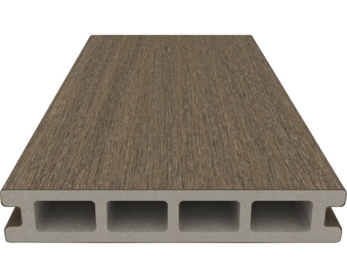 Lame de terrasse en matériau composite avec aspect bois et profilé à chambre creuse