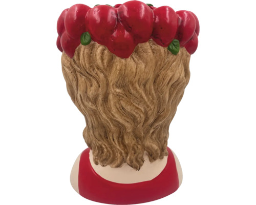 Keramikfigur mit Apfeldekoration, Rückansicht