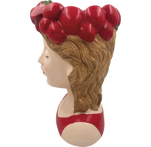 Blumentopf in Form eines Frauenkopfes mit Erdbeeren als Haarschmuck