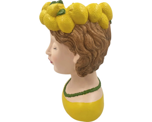 Pot de fleurs en forme de tête de femme avec une couronne de citrons