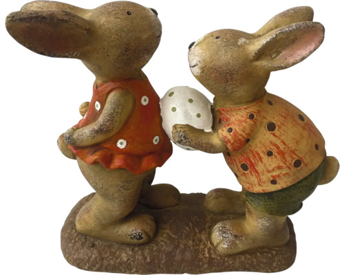 Figurine décorative lapins 37 cm x 15 cm x 34,5 cm Figurines de lapins décoratives sur un socle, une figurine tient un œuf