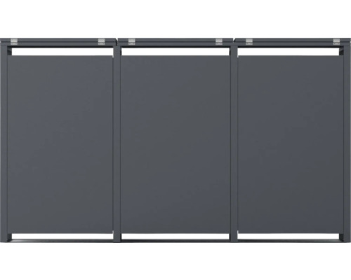 Drei graue Sichtschutzelemente aus Metall bilden eine Wand.