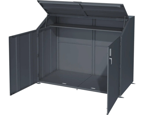 Geöffnete Gerätebox aus Metall mit Regal und Griff