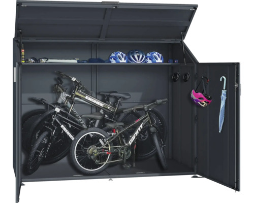 Offener Fahrradschuppen mit Fahrrädern und Zubehör