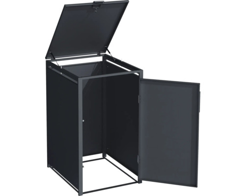 Cache-conteneur à ordures avec couvercle et porte ouverts