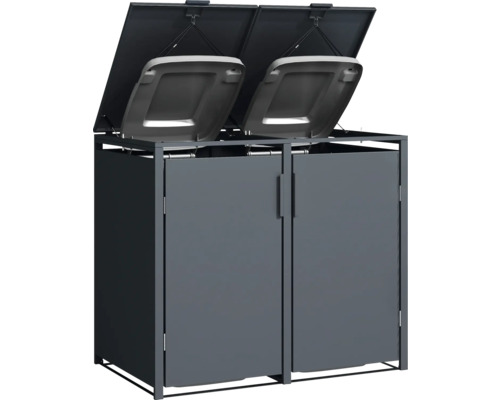 Double coffre à ordures avec couvercles ouverts pour le stockage extérieur