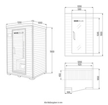 Technische Zeichnung einer Sauna mit Massangaben