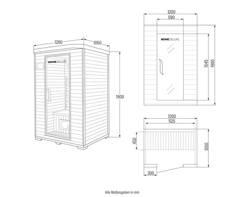 Technische Zeichnung einer Sauna mit Massangaben