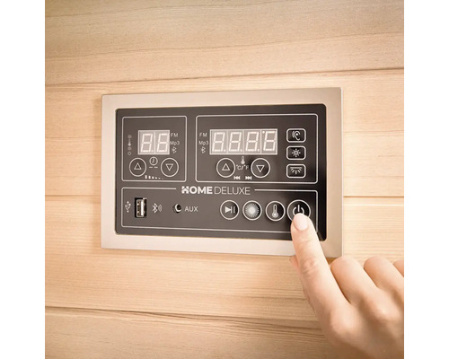 Bedienfeld einer Home Deluxe Sauna mit digitaler Anzeige und Bedienelementen