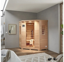 Ecksauna aus Holz mit Glastür im Badezimmer