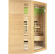 Infrarotsauna aus Holz mit Glaselementen und Home Deluxe Logo