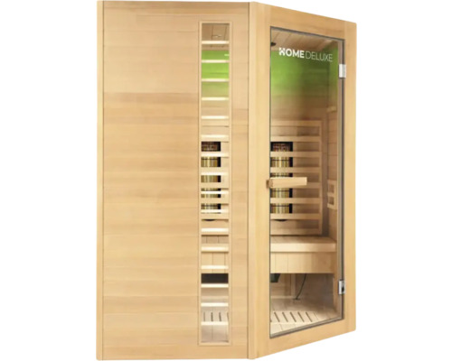 Infrarotsauna aus Holz mit Glaselementen und Home Deluxe Logo