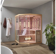 Eckige Home Deluxe Infrarotsauna mit Glastür und Holzverkleidung im Badezimmer