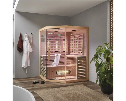 Eckige Home Deluxe Infrarotsauna mit Glastür und Holzverkleidung im Badezimmer