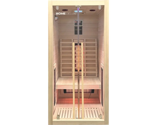Innenansicht einer Infrarotsauna von Home Deluxe mit Holzbänken und Heizelementen.
