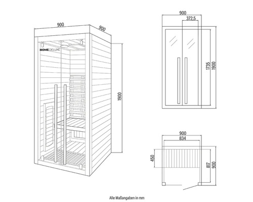 Technische Zeichnung einer Home Deluxe Sauna mit Maßangaben