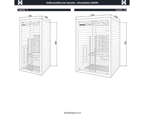 Größenvergleich der Infrarotkabine SONORA in den Varianten S und M mit Maßangaben