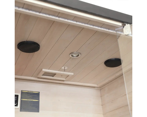 Innenansicht einer Sauna mit Lautsprechern, Lampe und Belüftung