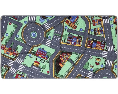Spielteppich mit Strassenmuster, Gebäuden und Verkehrsschildern