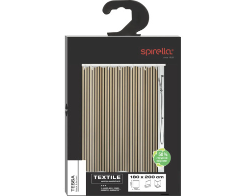 Emballage d'un rideau de douche en textile hydrofuge mesurant 180 sur 200 cm