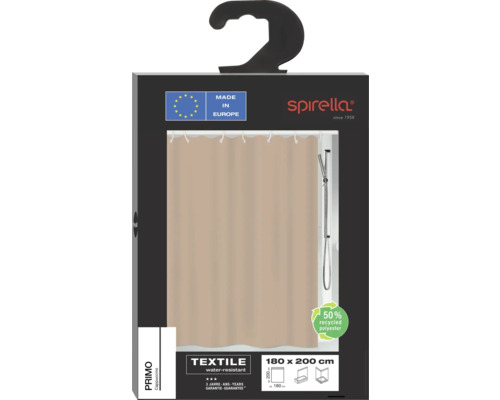 Rideau de douche Spirella Primo, textile hydrofuge composé à 50 % de polyester recyclé, environ 180 x 200 centimètres