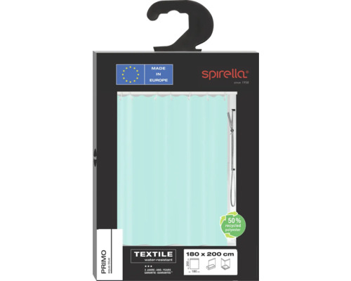 Emballage d'un rideau de douche turquoise de la marque Spirella, dimensions 180 x 200 cm, fabriqué en Europe