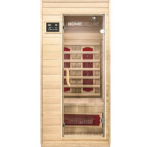 Innenansicht einer Infrarotsauna aus Holz mit Glastür und Steuerungselementen