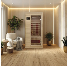 Infrarotsauna in einem hellen, modernen Raum mit Holzboden und Pflanzen