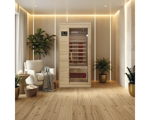 Infrarotsauna in einem hellen, modernen Raum mit Holzboden und Pflanzen