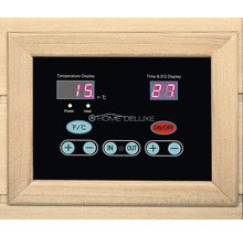 Bedienfeld einer Sauna mit Temperaturanzeige, Timer und Home Deluxe Logo
