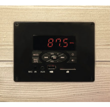 Schwarzes Audiomodul mit Digitalanzeige und Bedienelementen.