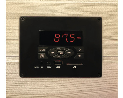 Schwarzes Audiomodul mit Digitalanzeige und Bedienelementen.