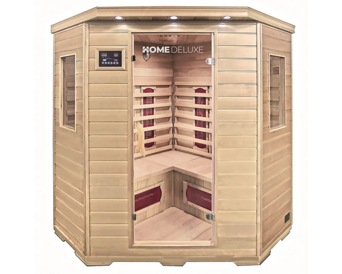 Infrarotsauna aus Holz mit Glaseingangstür und Bedienfeld
