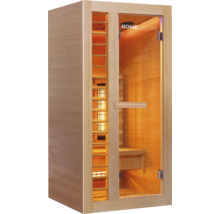 Infrarotsauna mit Glastür und Holzverkleidung.