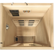 Innenansicht einer Sauna mit Bedienfeld, Lautsprecher und Infrarotstrahlern