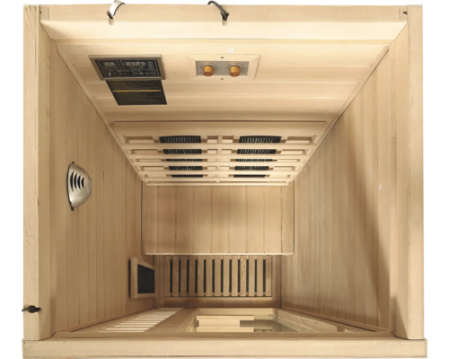 Innenansicht einer Sauna mit Bedienfeld, Lautsprecher und Infrarotstrahlern