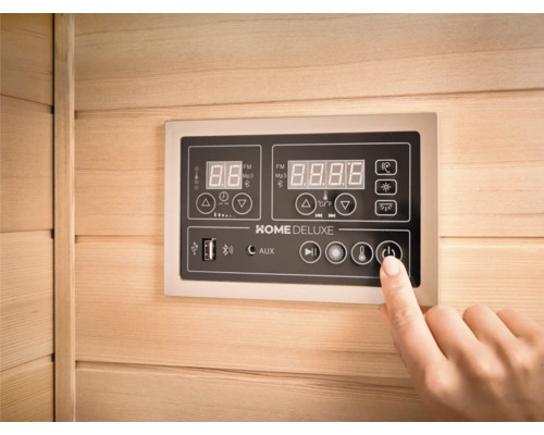 Bedienfeld einer Home Deluxe Sauna mit digitaler Anzeige und verschiedenen Steuerungselementen