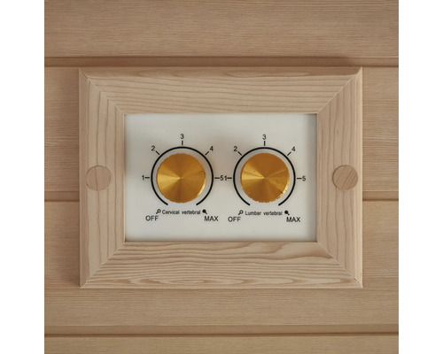 Nahaufnahme des Bedienfelds mit zwei Drehreglern zur Steuerung von Nacken- und Lendenwirbelbereich einer Sauna.